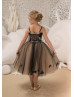 Black Spaghetti Straps Tea Length Lace Tulle Flower Girl Dress 